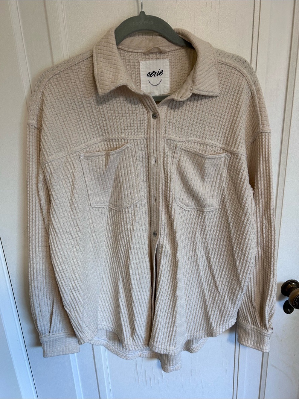 Aerie Cream Cotton Waffle-Knit Button-Down Shirt Jacket